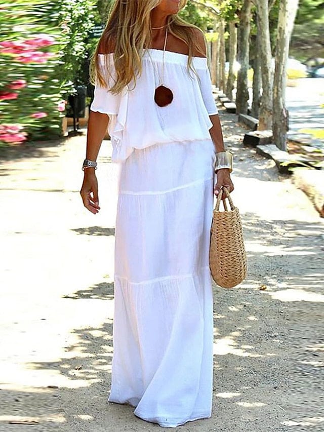 Elegant Off-Shoulder Maxi Dress with Ruffle Detail