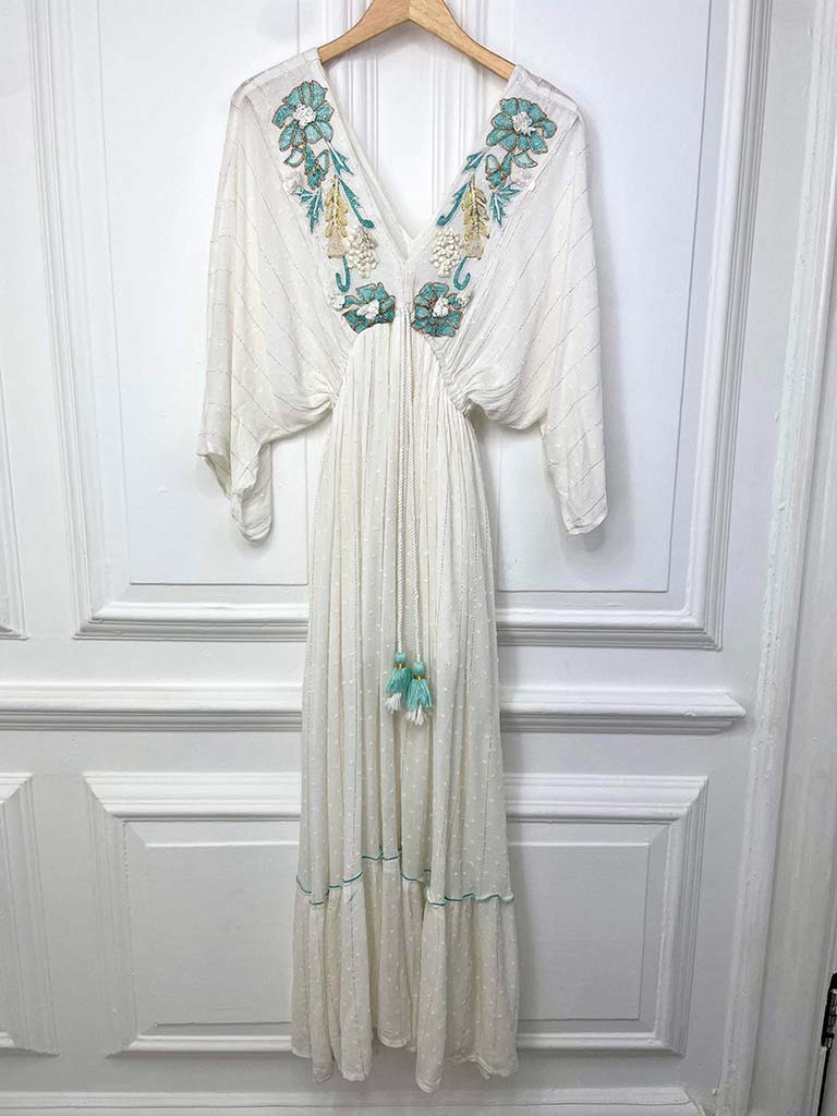 Embroidered Swiss Knot Maxi Dress - Aqua