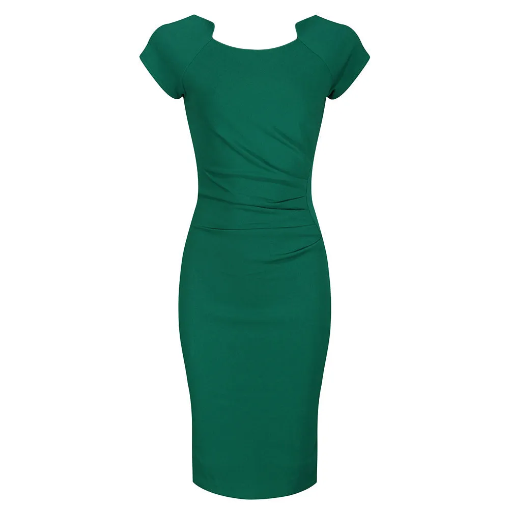 Emerald Green Capped Sleeve Ruched Bodycon Pencil Dress