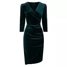 Emerald Green Velour Wrapover 3/4 Sleeve Midi Dress