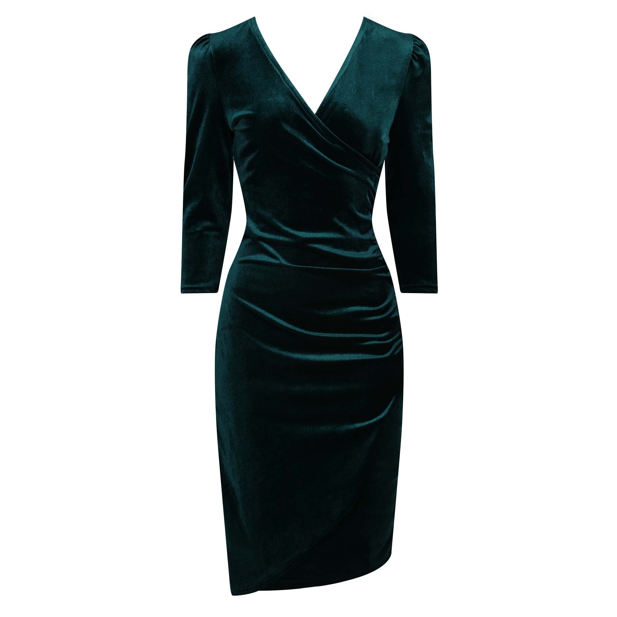 Emerald Green Velour Wrapover 3/4 Sleeve Midi Dress