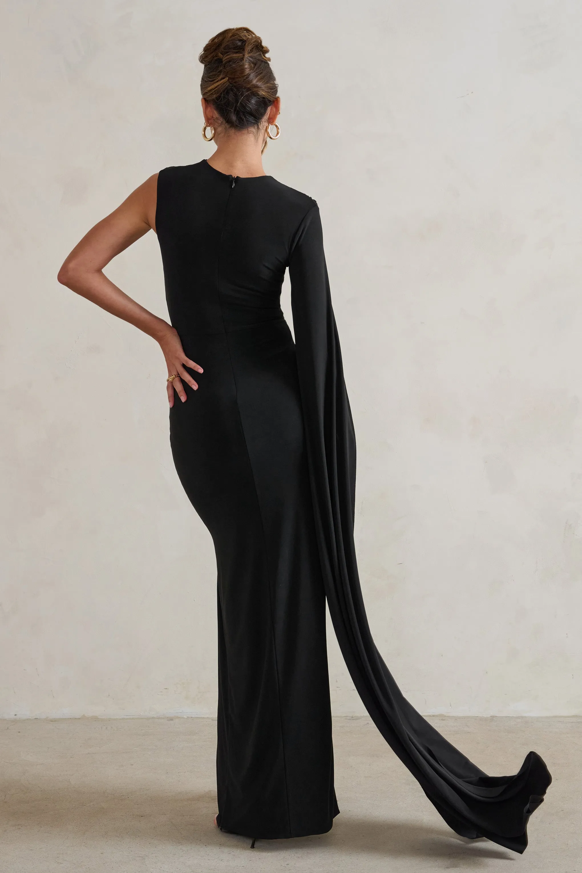 Emmey | Black Asymmetric Cut Out Maxi Dress With Statement Cape