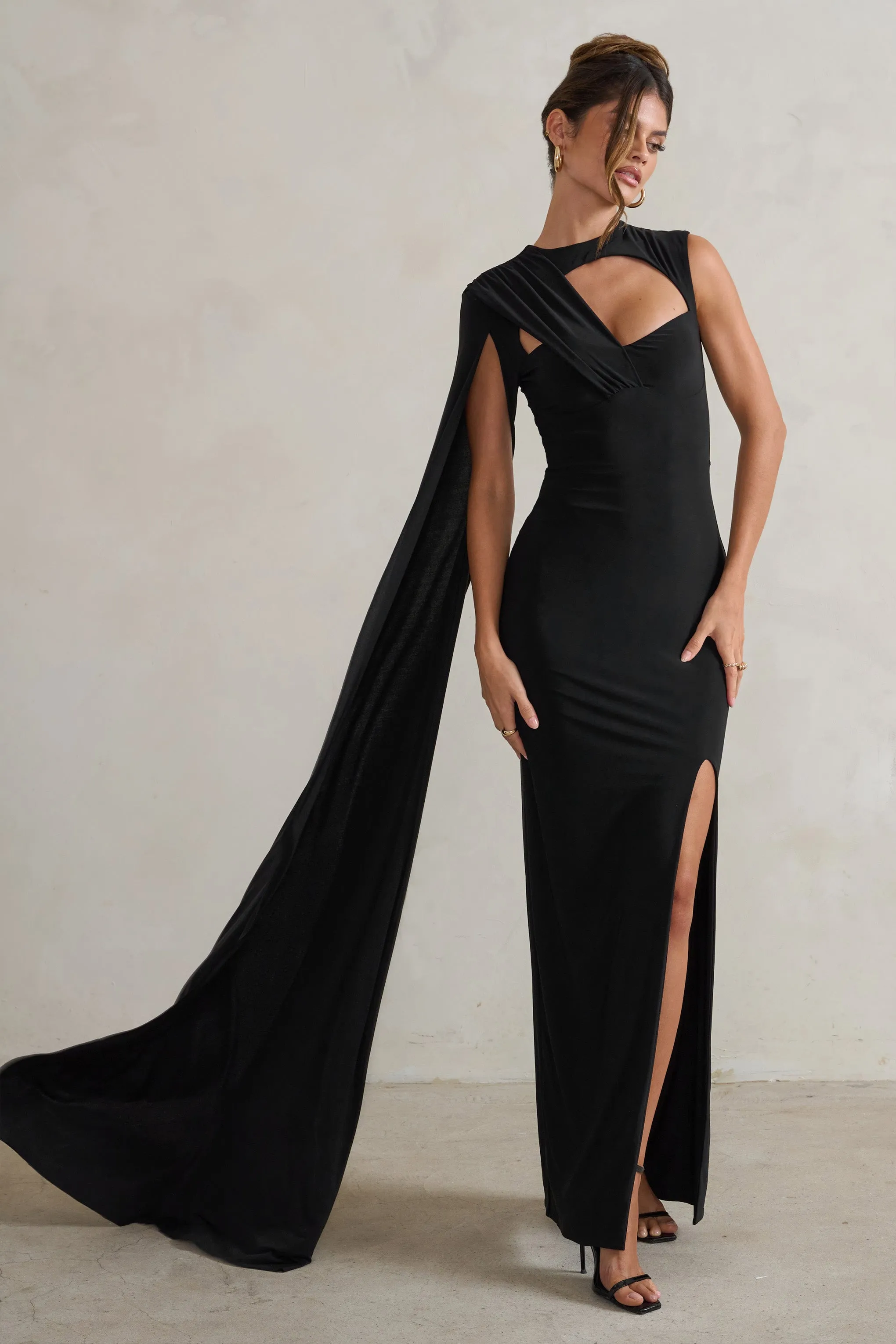 Emmey | Black Asymmetric Cut Out Maxi Dress With Statement Cape