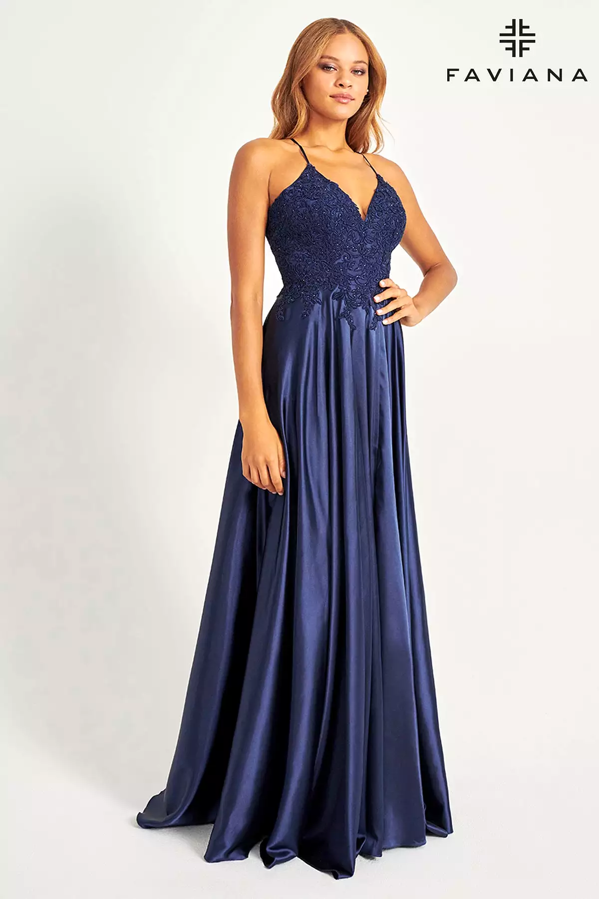 Faviana S10400 Long Flowy Prom Dress With Lace Bustier And Corset Back