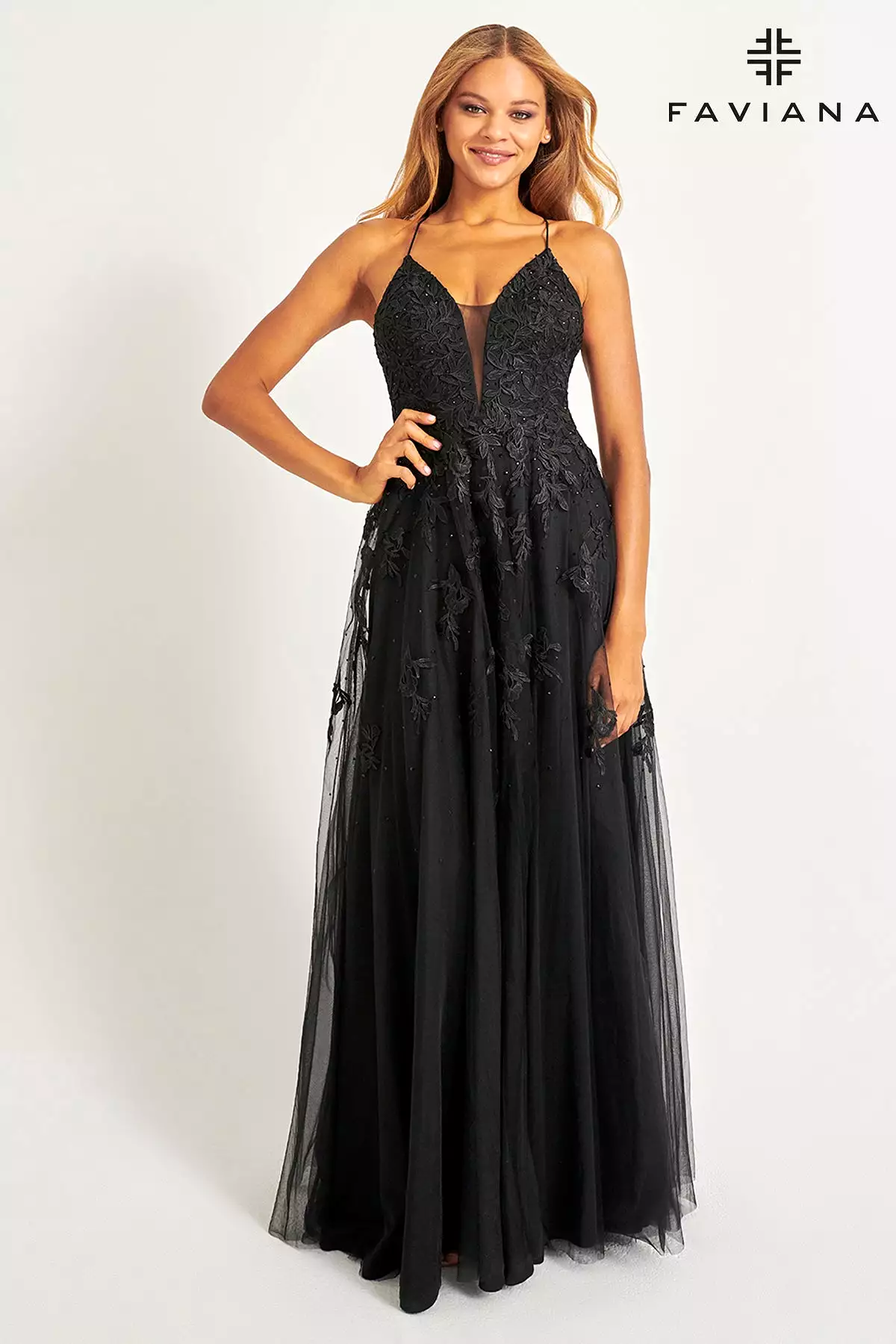 Faviana S10640 Long Lace Deep V Neck Dress With Lace Up Back