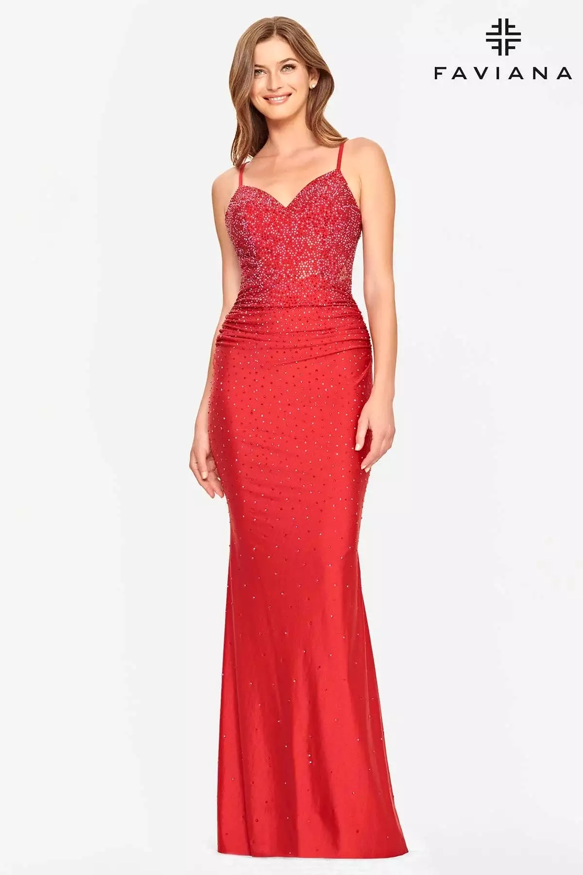 Faviana style 10800 V Neck Dress With Corset Back And Rhinestone Beading