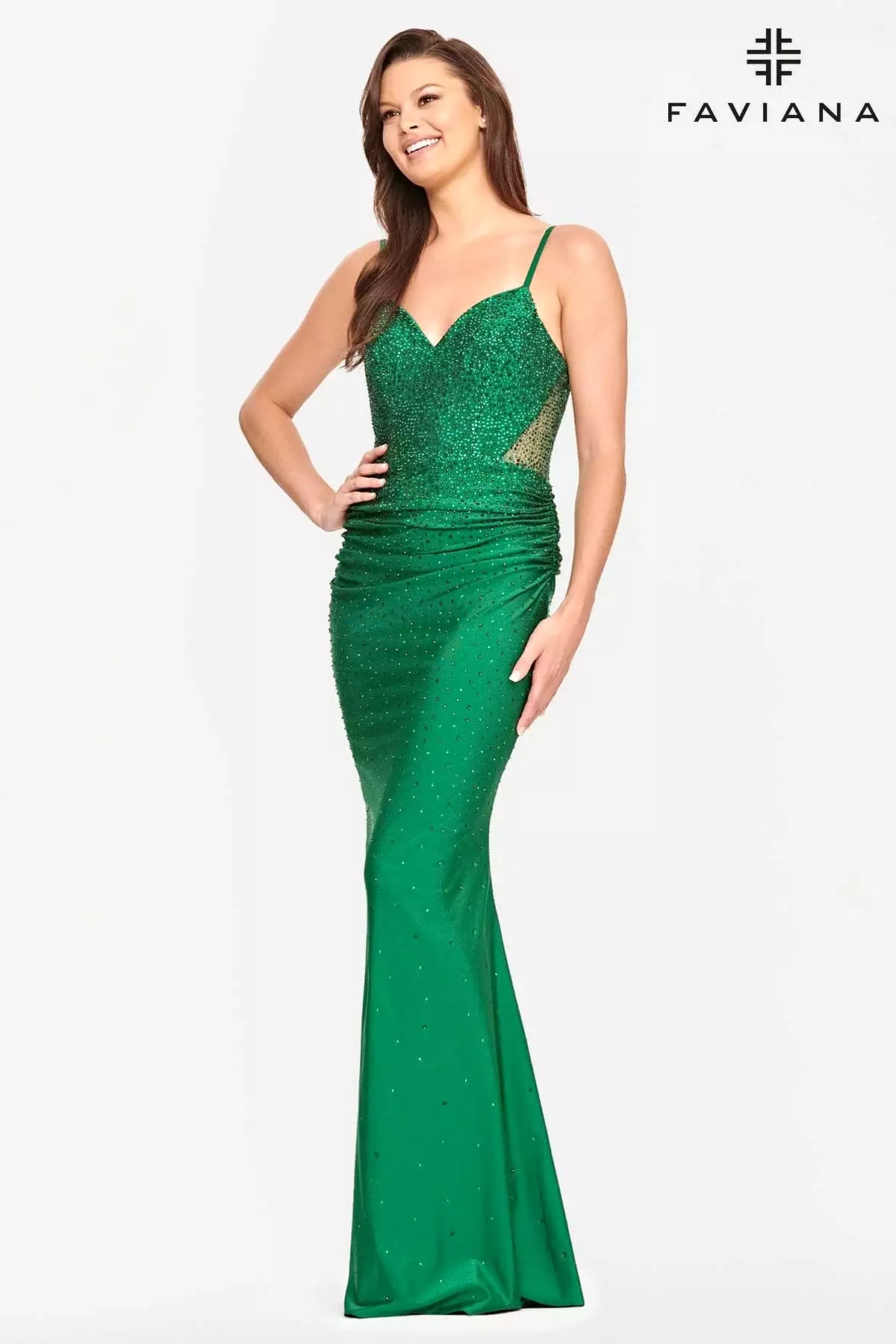 Faviana style 10800 V Neck Dress With Corset Back And Rhinestone Beading