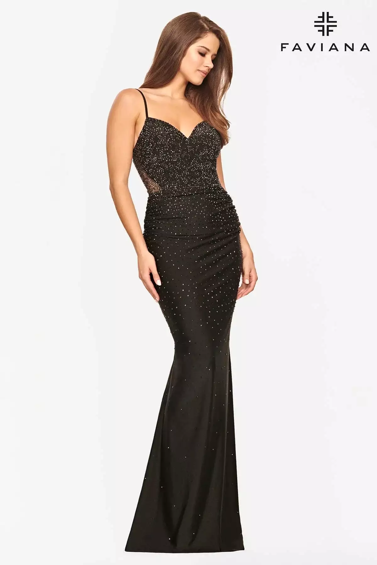 Faviana style 10800 V Neck Dress With Corset Back And Rhinestone Beading