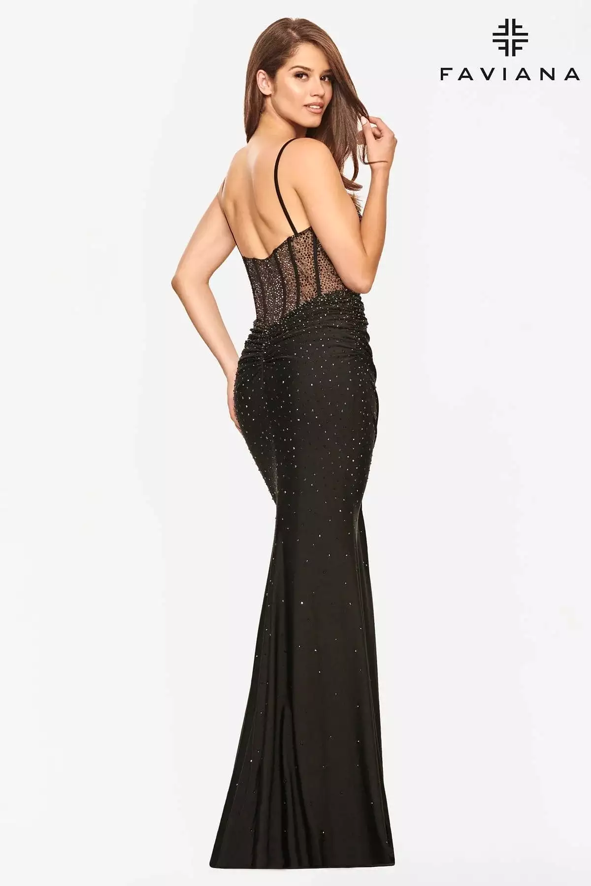 Faviana style 10800 V Neck Dress With Corset Back And Rhinestone Beading