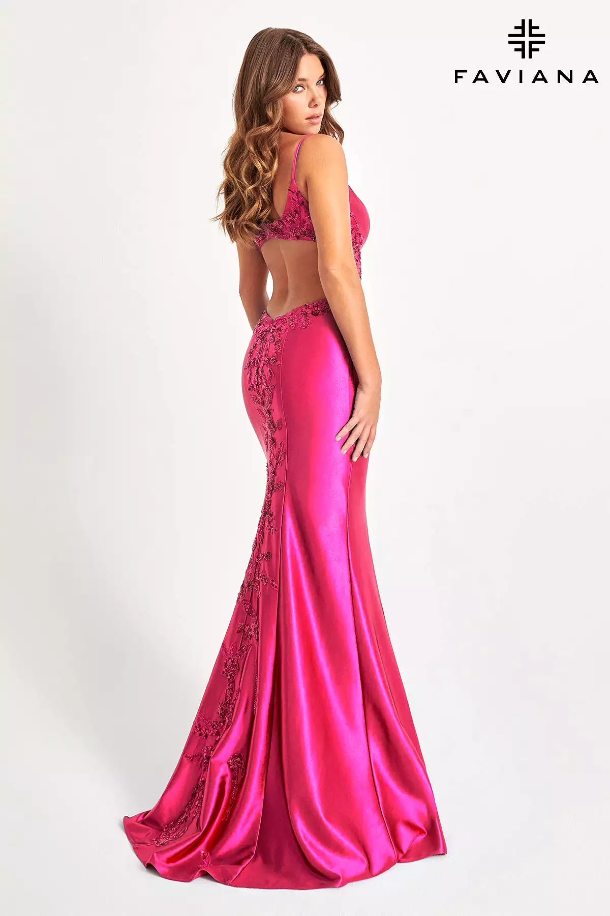 Faviana style 11007 Shiny Satin Long Dress With Open Back And Beaded Lace Embellishment