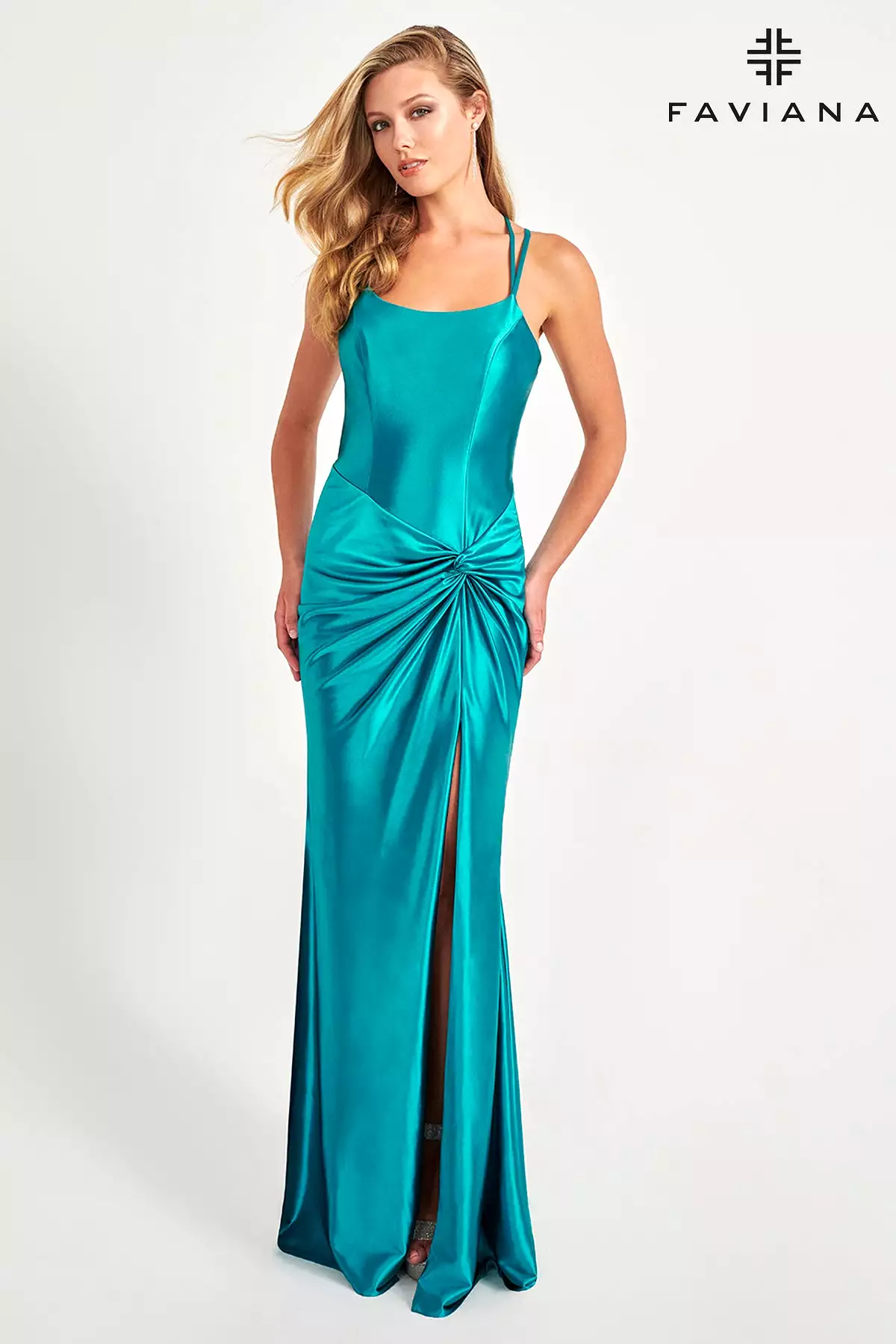 Faviana style 11024 Sleek Satin Evening Dress With Scoop Neck And Knot Waist