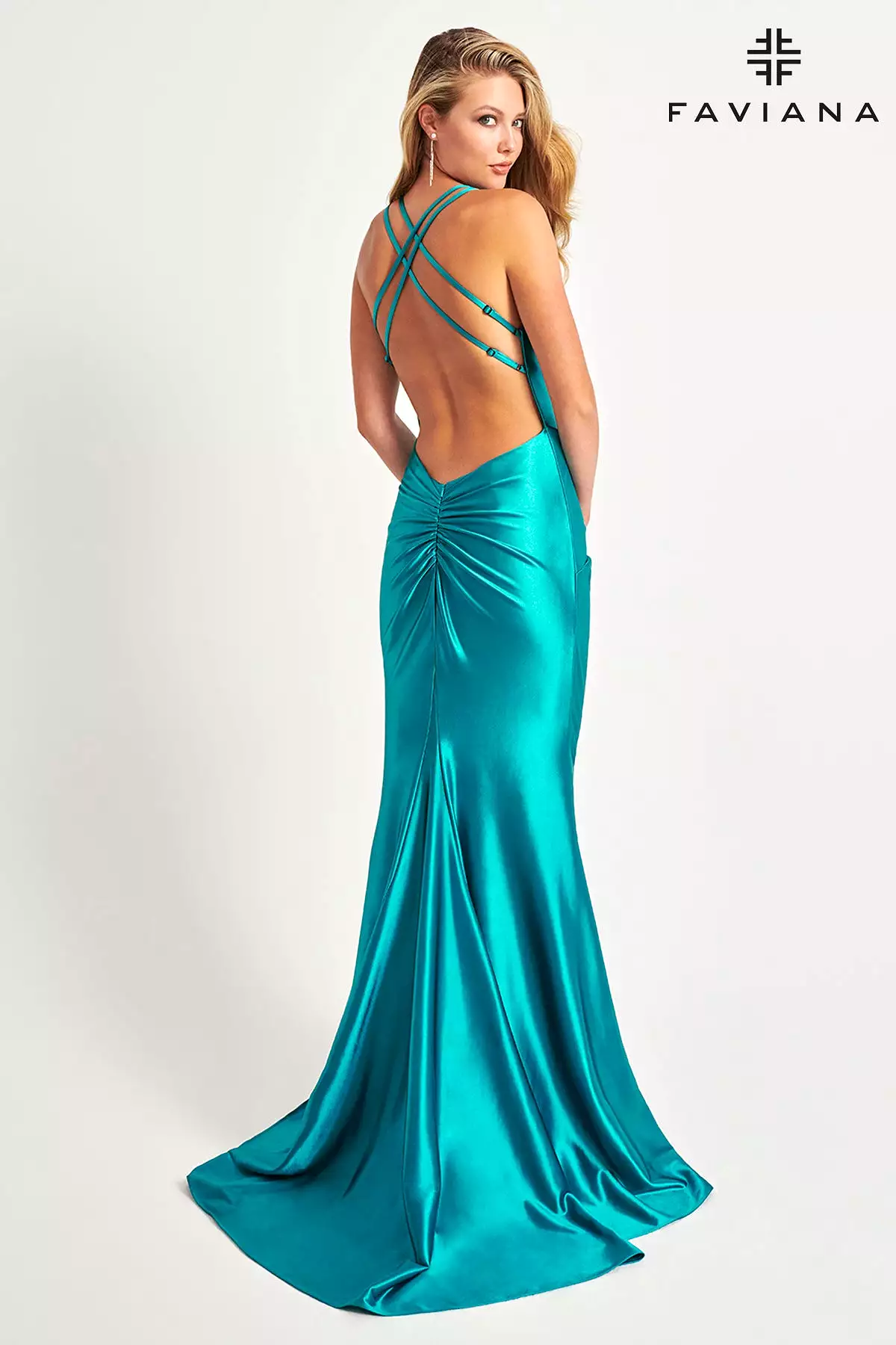 Faviana style 11024 Sleek Satin Evening Dress With Scoop Neck And Knot Waist