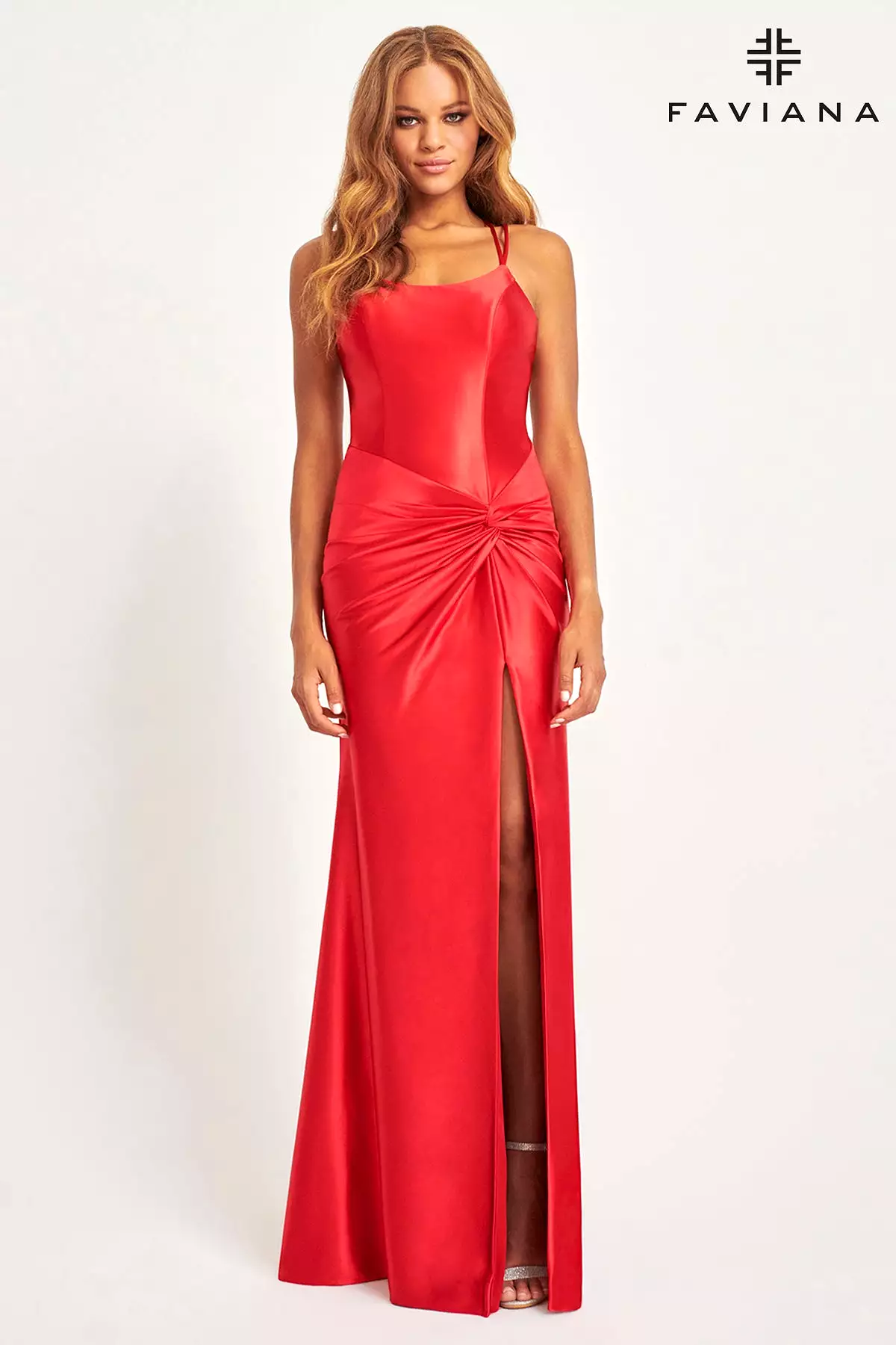 Faviana style 11024 Sleek Satin Evening Dress With Scoop Neck And Knot Waist