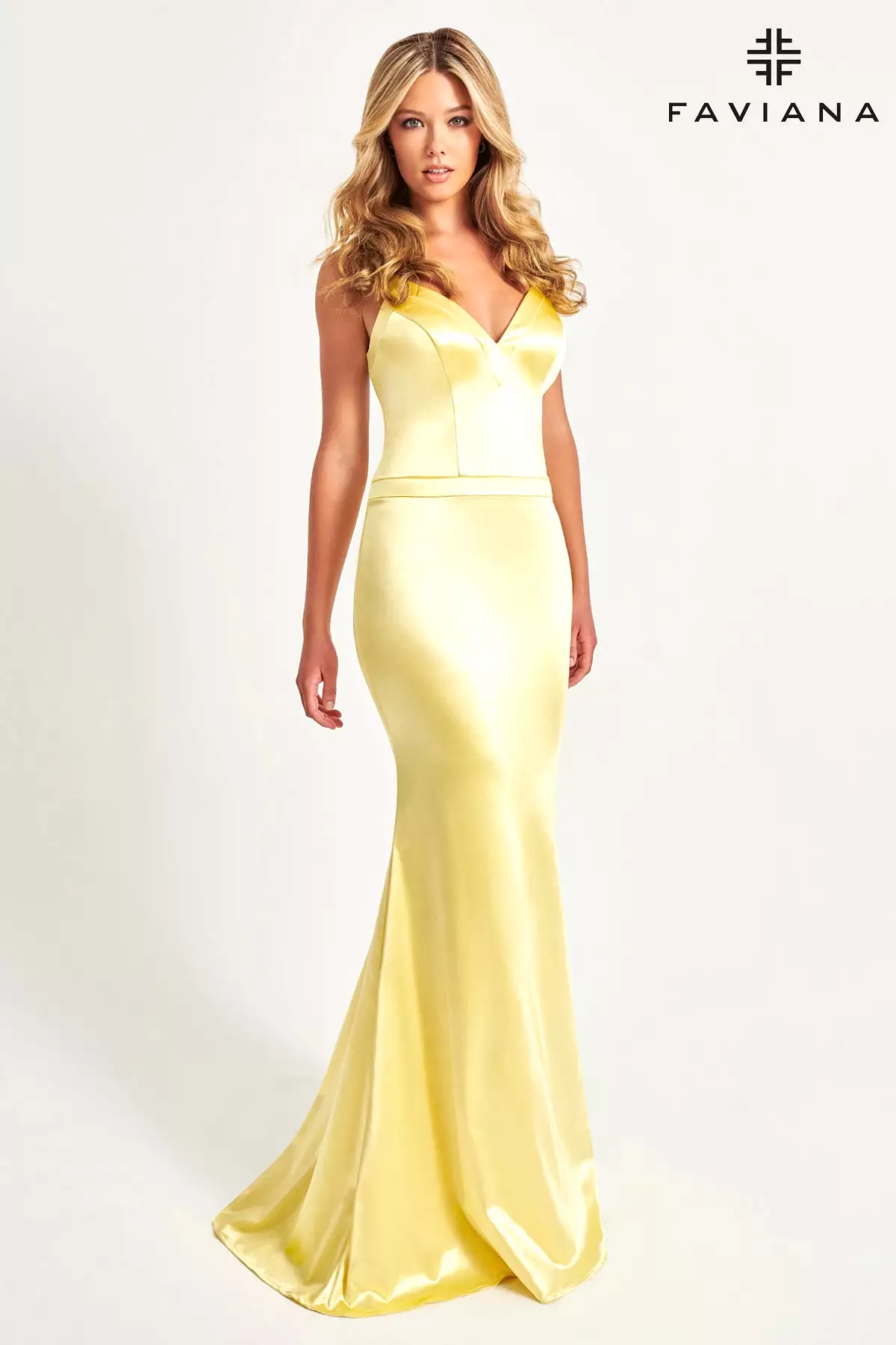 Faviana style 11052 Deep Crossover Back Satin Maxi Dress With V-Neck