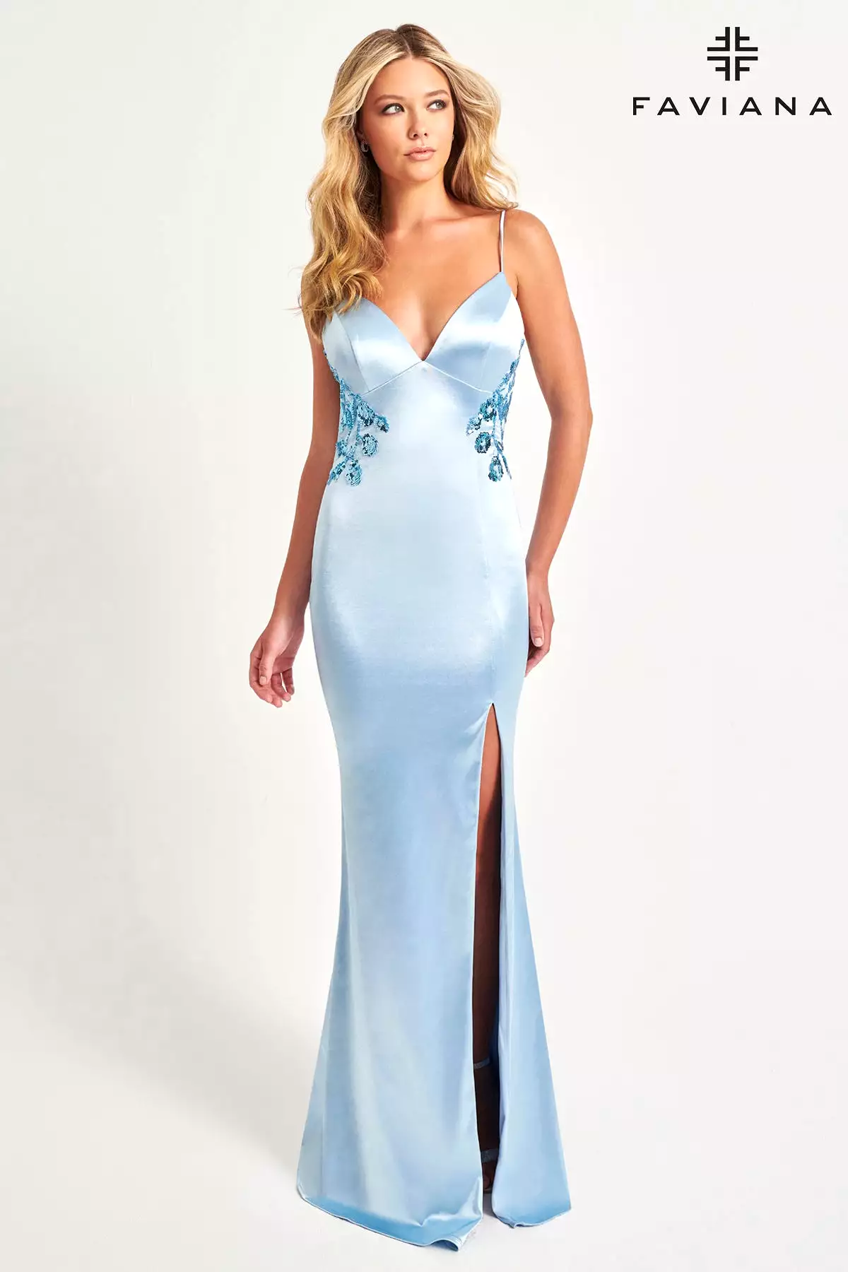 Faviana style 11062 Satin V-Neck Long Dress With Cross-Back Detail And Beaded Appliqué