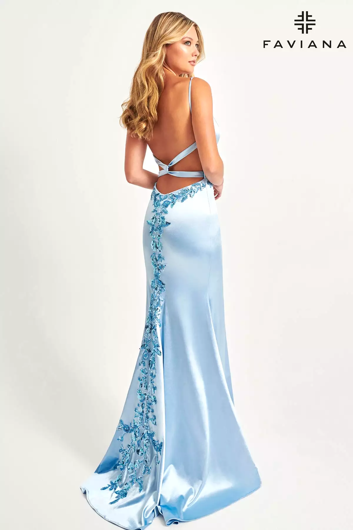 Faviana style 11062 Satin V-Neck Long Dress With Cross-Back Detail And Beaded Appliqué