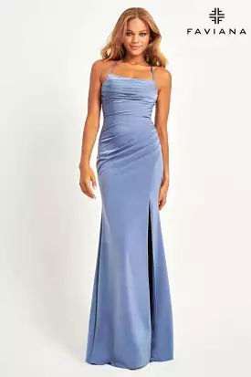 Faviana style 11064 Matte Satin Maxi Dress With Gathered Side And Lace-Up Back