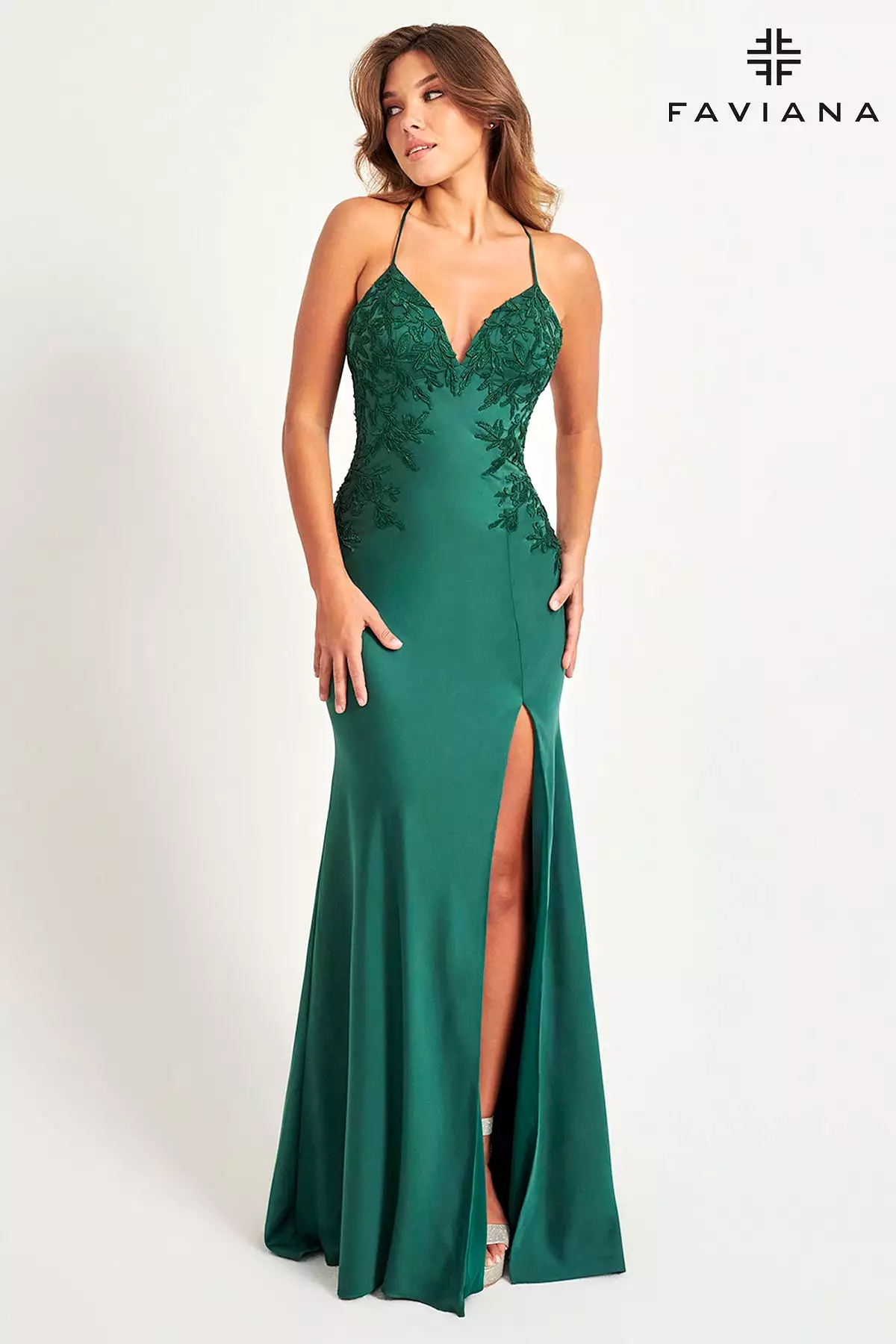 Faviana style 11070 V-Neck Matte Satin And Lace Applique Long Dress