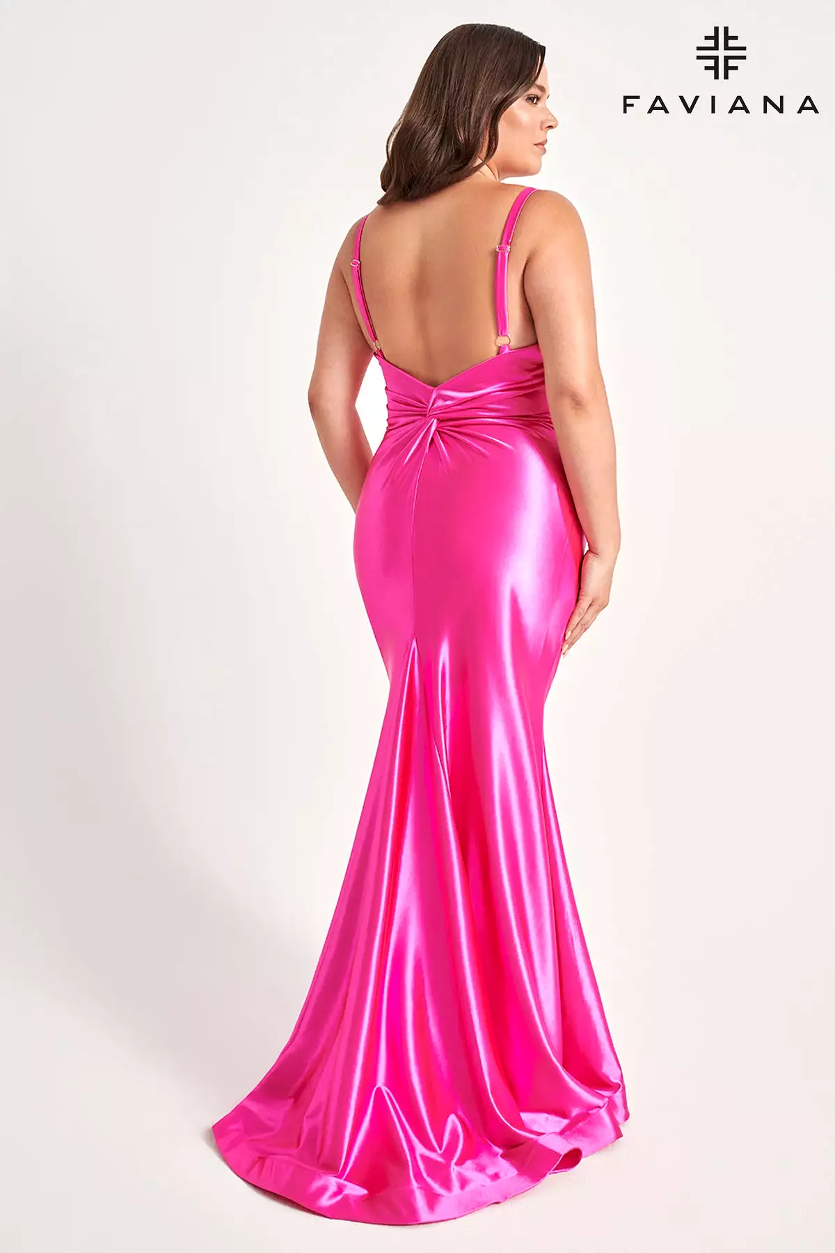 Faviana style 9549 Stretch Satin Hot Pink Plus Size Prom Dress With Knot Detailing