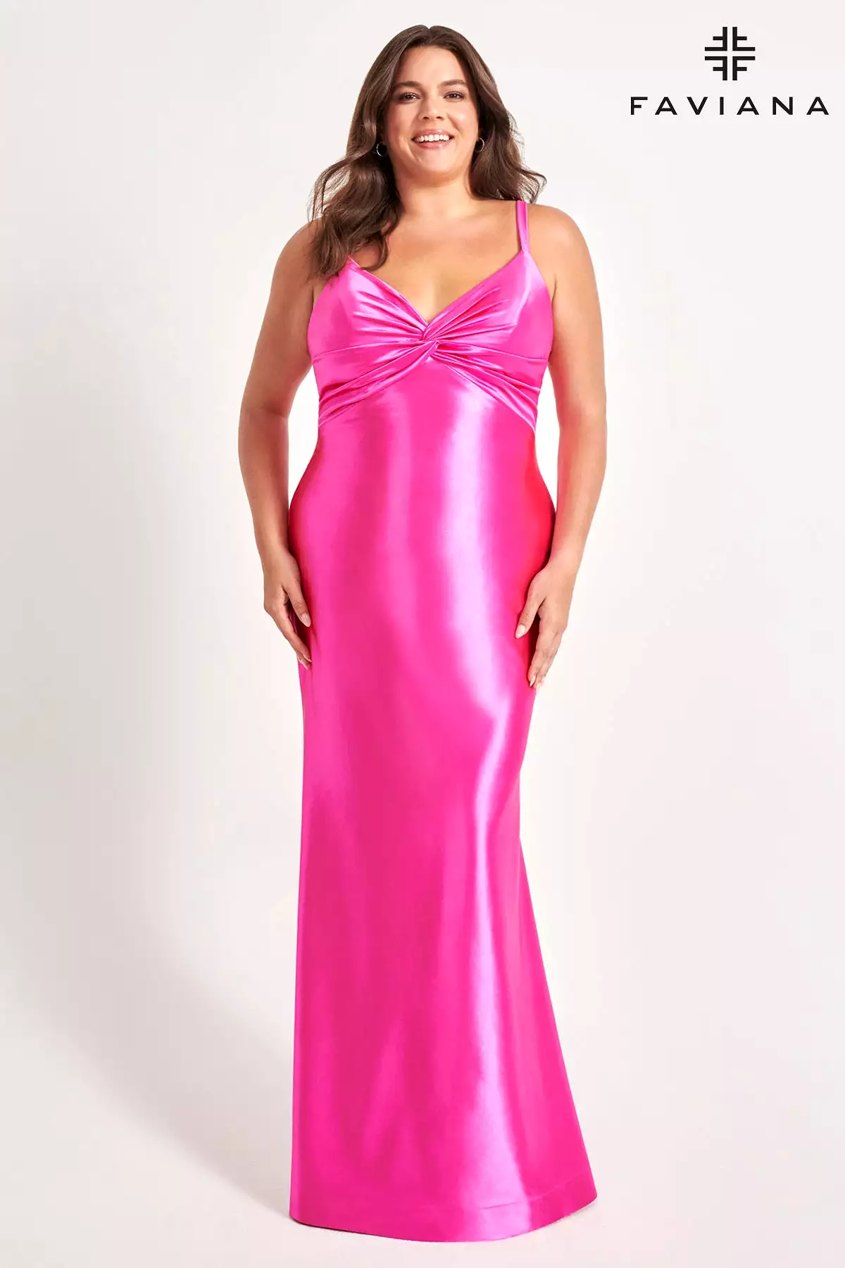 Faviana style 9549 Stretch Satin Hot Pink Plus Size Prom Dress With Knot Detailing