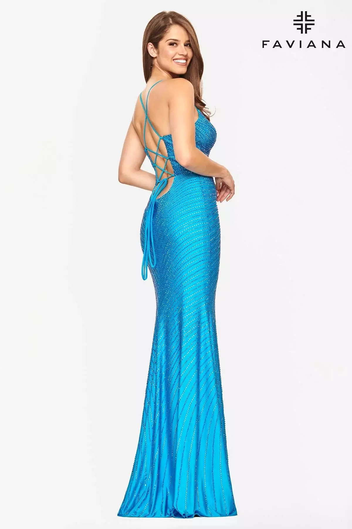 Faviana style s10802 Long V Neck Prom Dress With Beading And Lace Up Back