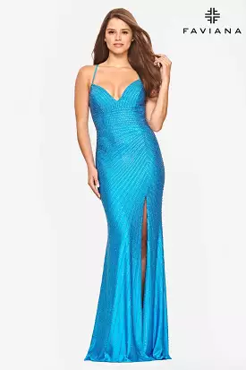 Faviana style s10802 Long V Neck Prom Dress With Beading And Lace Up Back