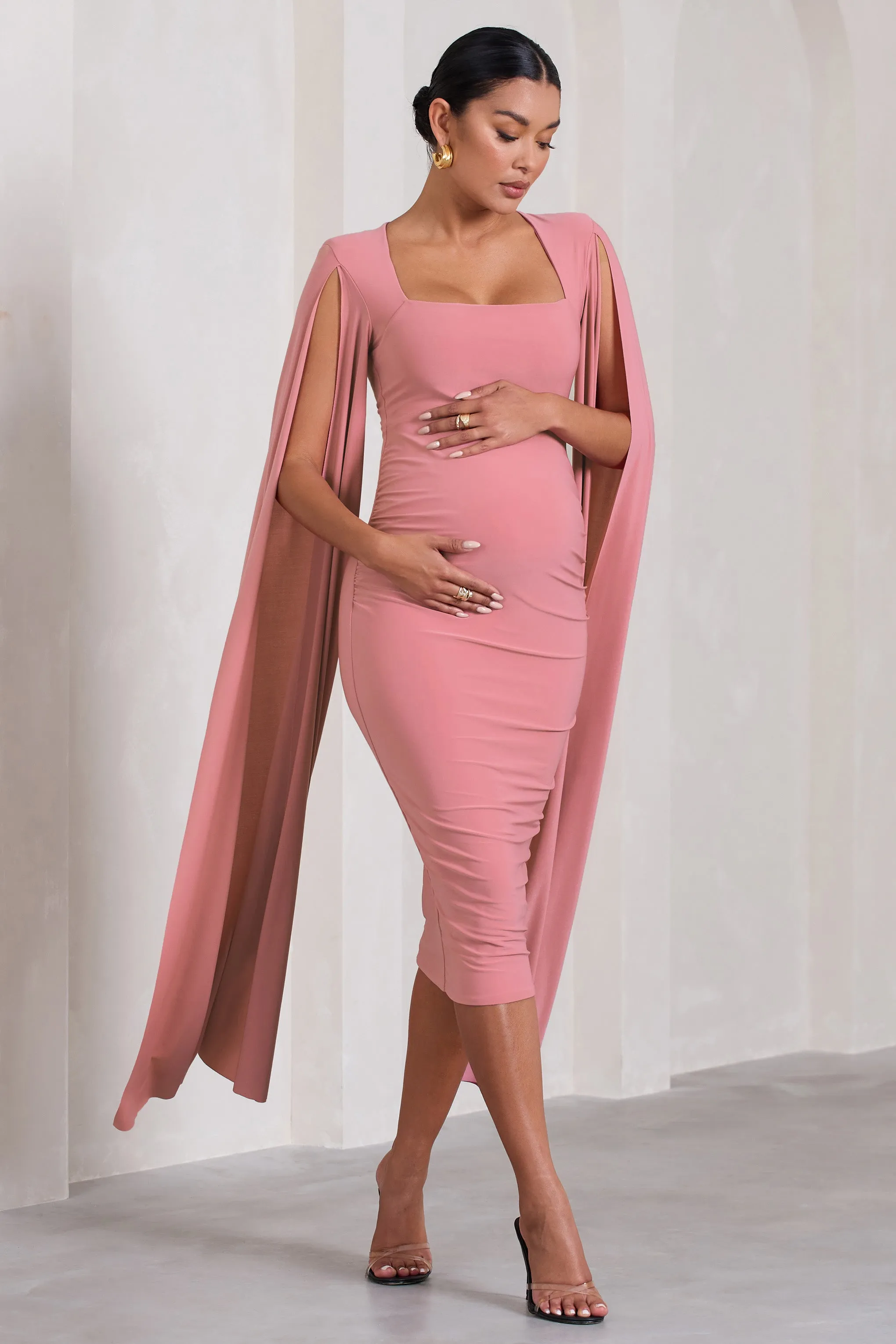 Flawless | Blush Pink Maternity Square Neck Midi Dress With Cape Sleeves