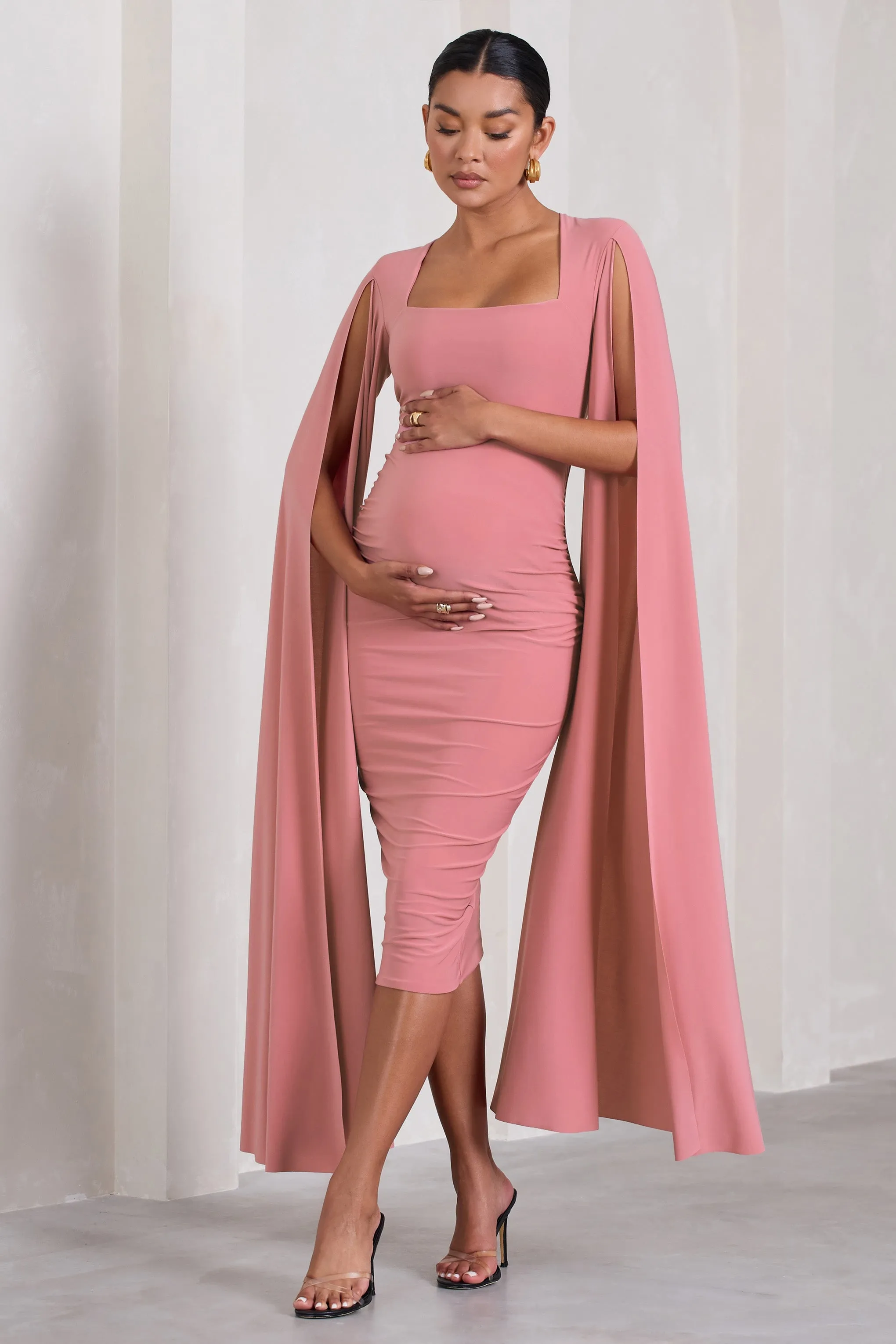 Flawless | Blush Pink Maternity Square Neck Midi Dress With Cape Sleeves