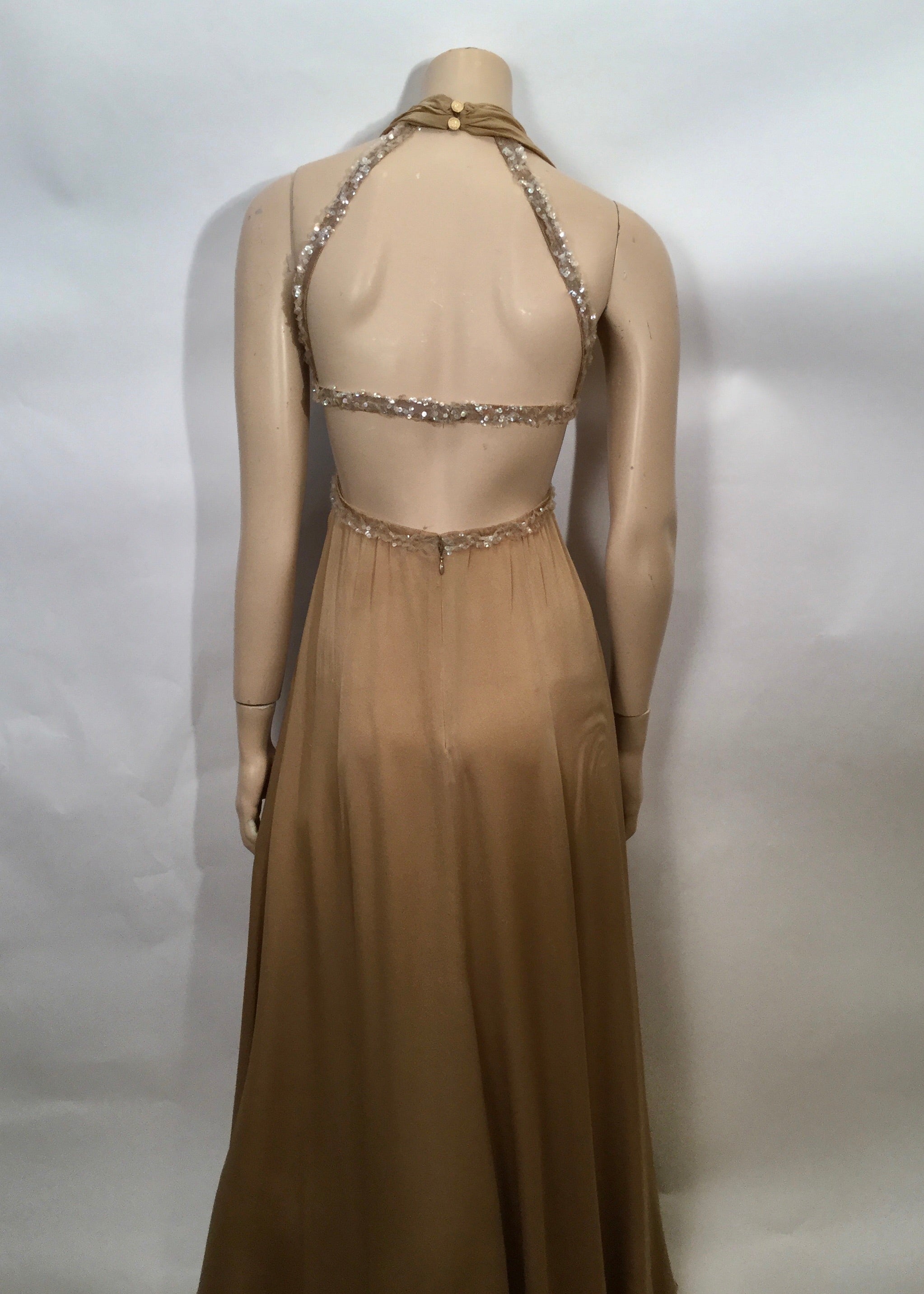 Frisky Chanel 2003 03P Spring Vintage Beige Sequin Halter Backless Long Chiffon Silk gown FR 38 US 4