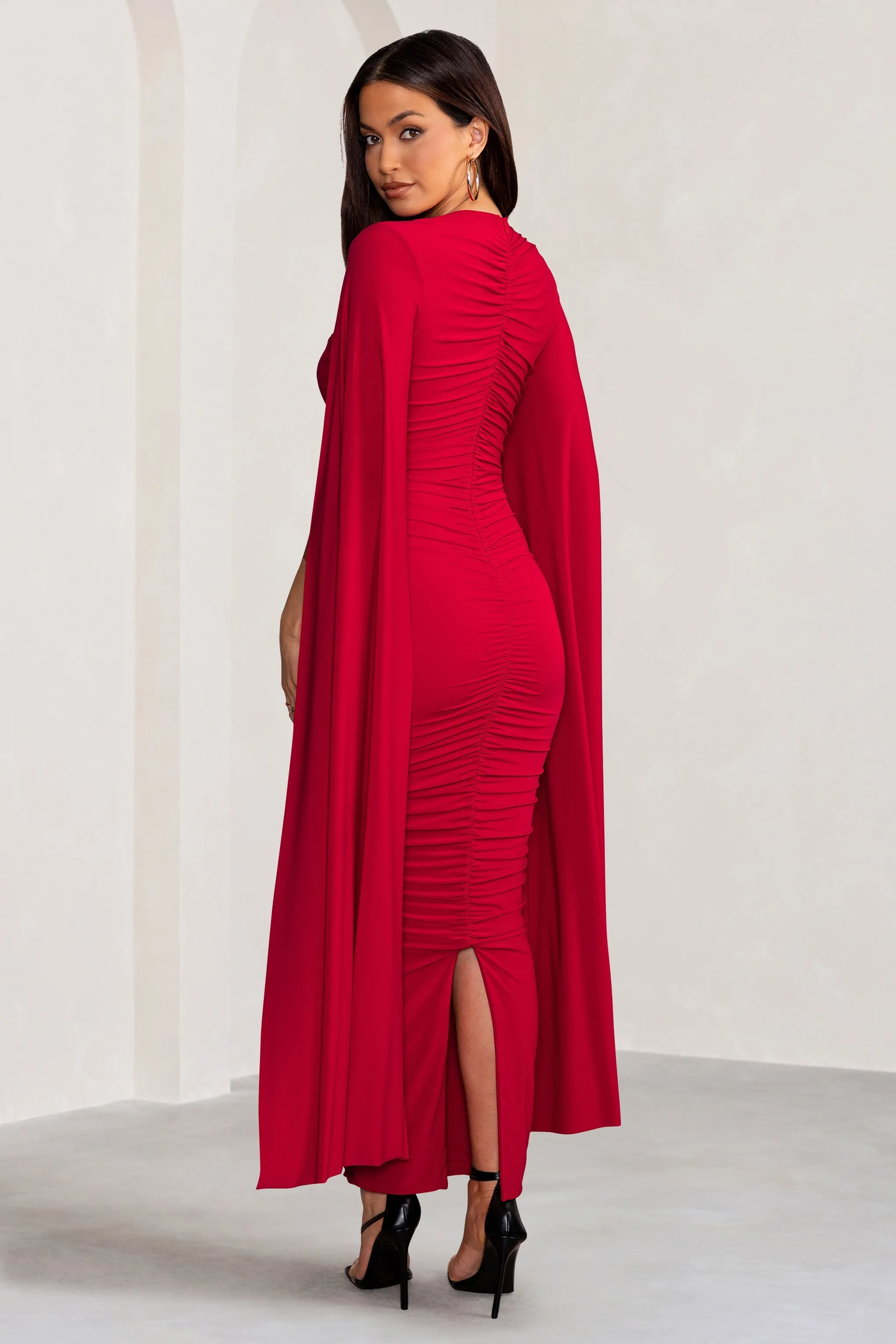 Georgiana | Red Plunge Ruched Maxi Dress with Cape Sleeves