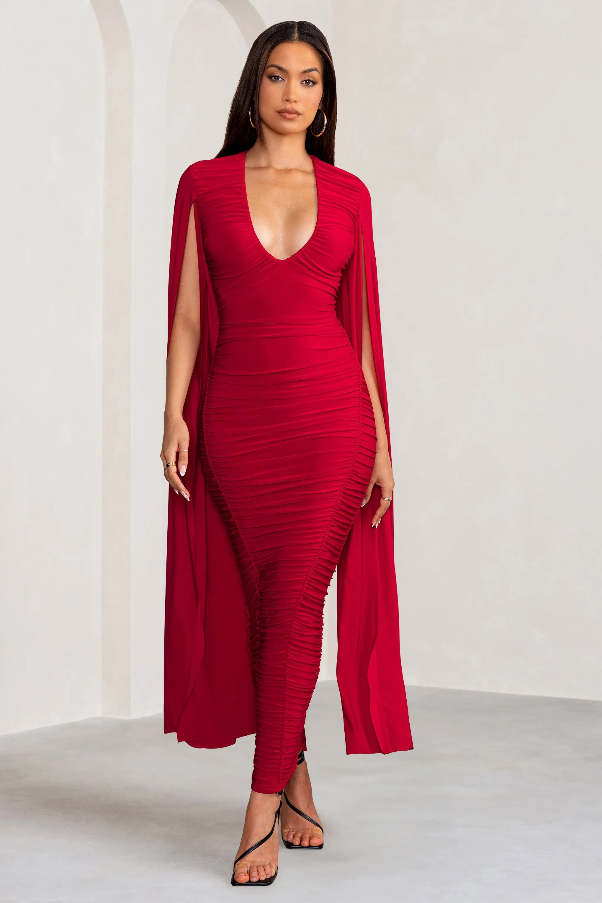 Georgiana | Red Plunge Ruched Maxi Dress with Cape Sleeves