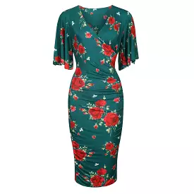 Green And Red Floral Print Butterfly Sleeve Slinky Pencil Cocktail Dress