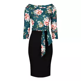 Green Floral Print Tie Front 3/4 Sleeve Bodycon Midi Dress