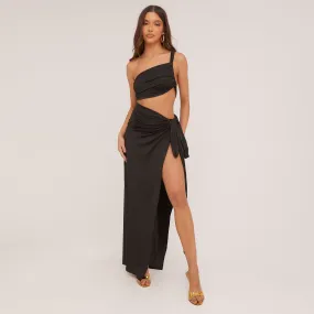 Halterneck Crop Top And Tie Side Maxi Skirt Co-Ord Set In Black Slinky