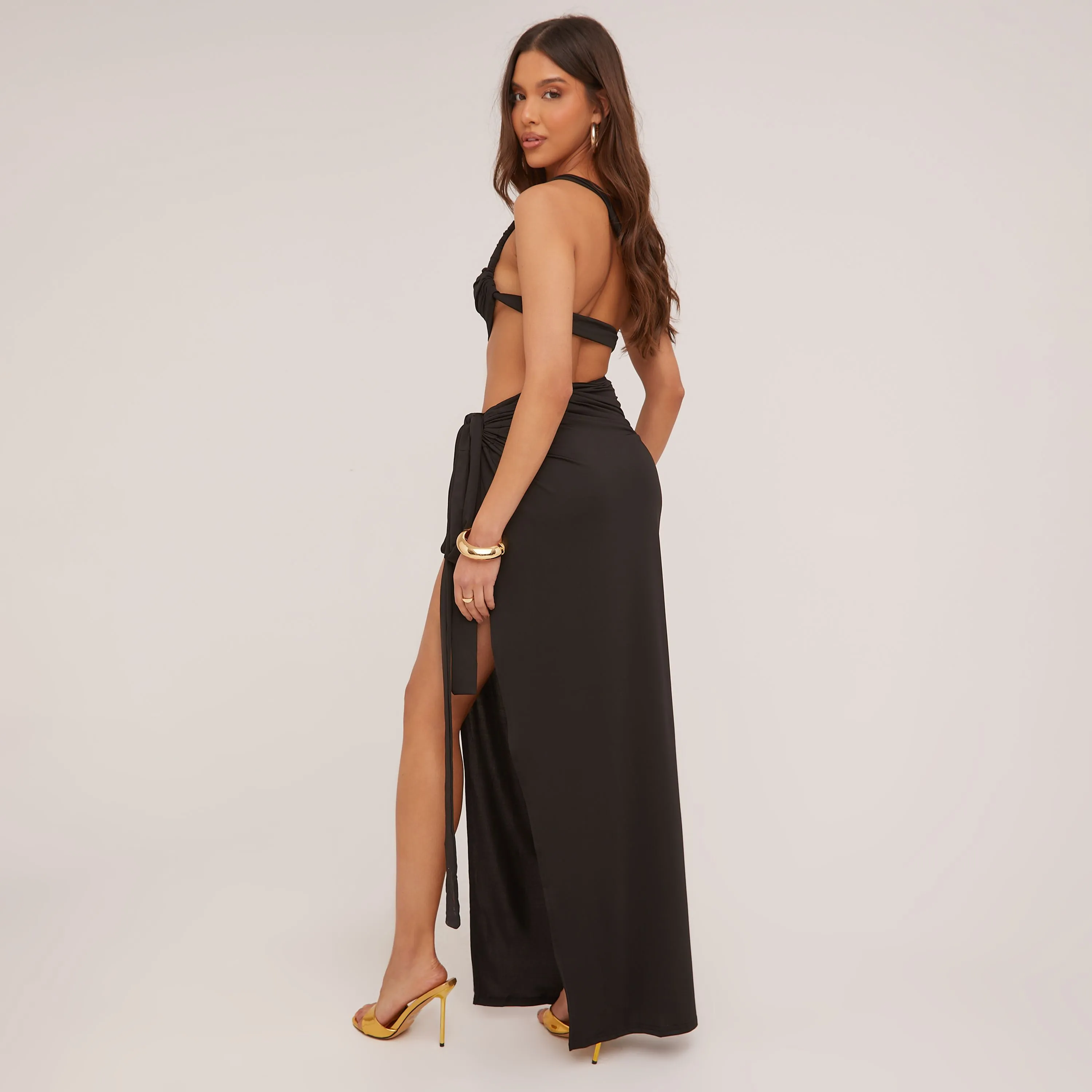 Halterneck Crop Top And Tie Side Maxi Skirt Co-Ord Set In Black Slinky