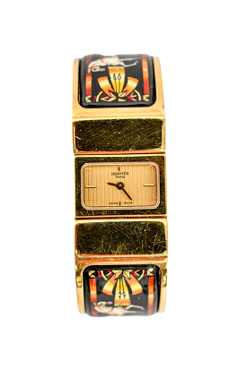 Hermes Gold Plated/Black Horse Enamel 'Loquet' Bangle Watch