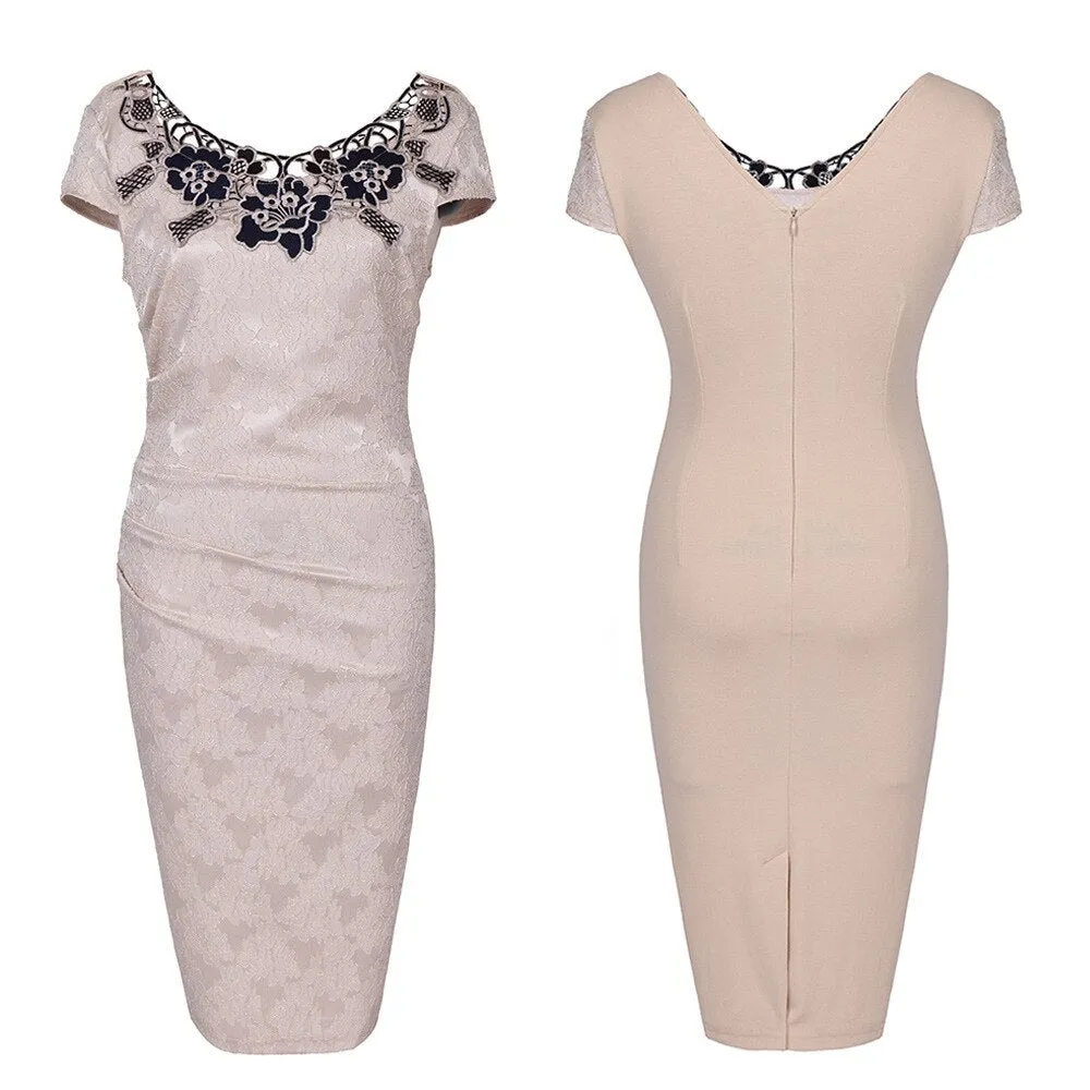 Hollow Out Lace Embroidery Elegant Pleated Party Vintage Floral Embroidered Pinup Pencil Dress