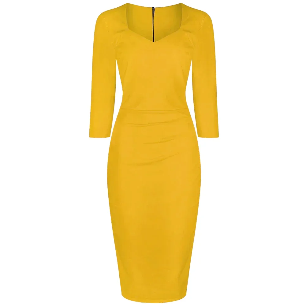 Honey Yellow 3/4 Sleeve Bodycon Pencil  Dress