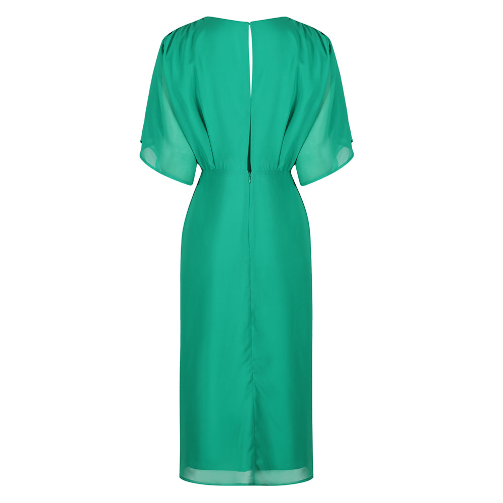 Hope & Ivy Green & White Plunge V Neck Flutter Sleeve Embroidered Midi Dress