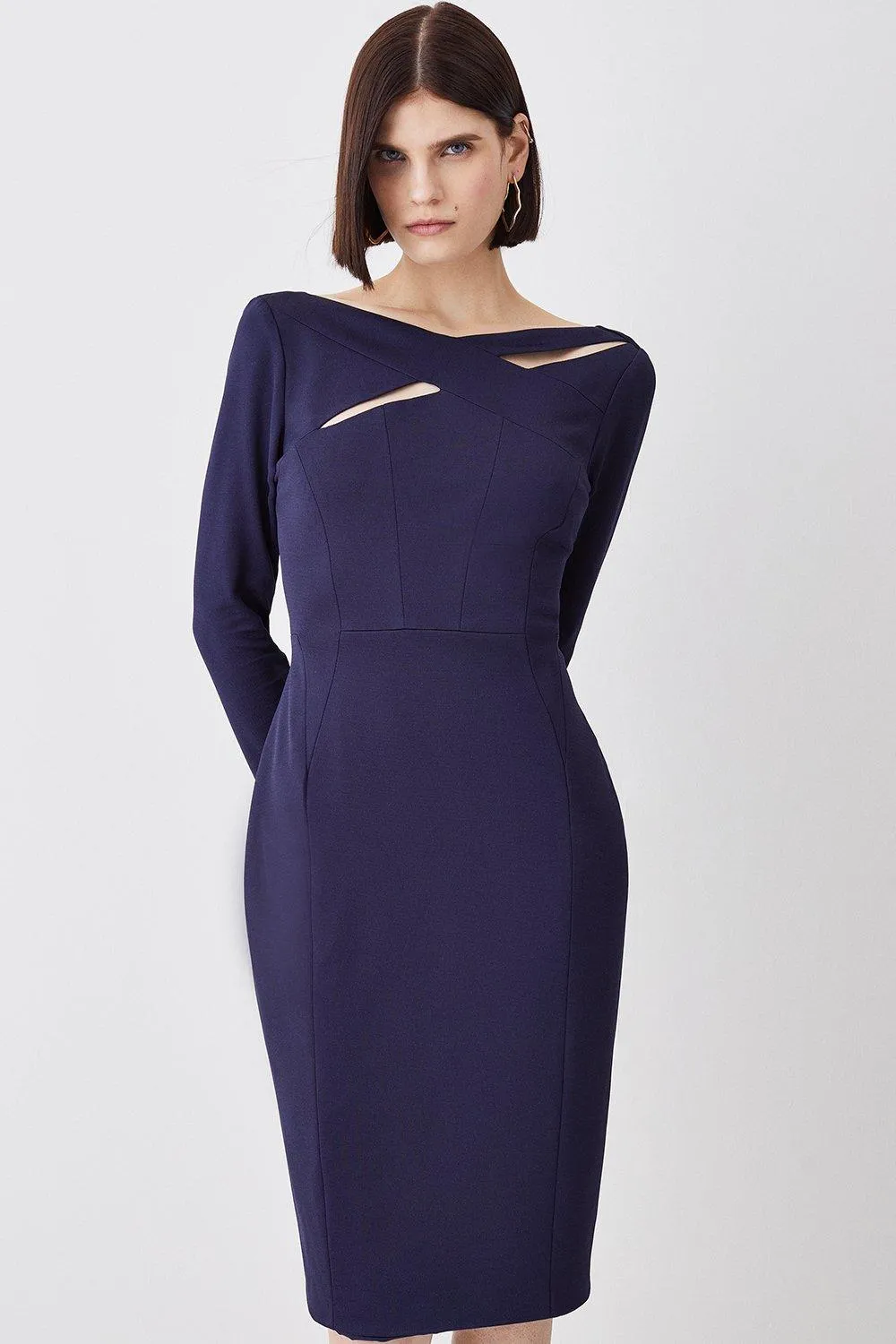 Italian Structured Rib Cross Over Tailored Pencil Midi Dress | Karen Millen