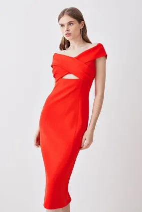 Italian Structured Stretch Bardot Pencil Midi Dress | Karen Millen