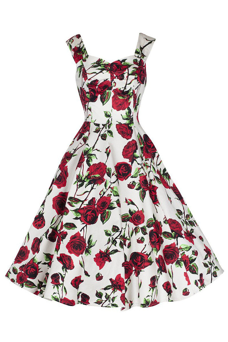 Ivory White and Red Rose Vintage Rockabilly Swing Dress