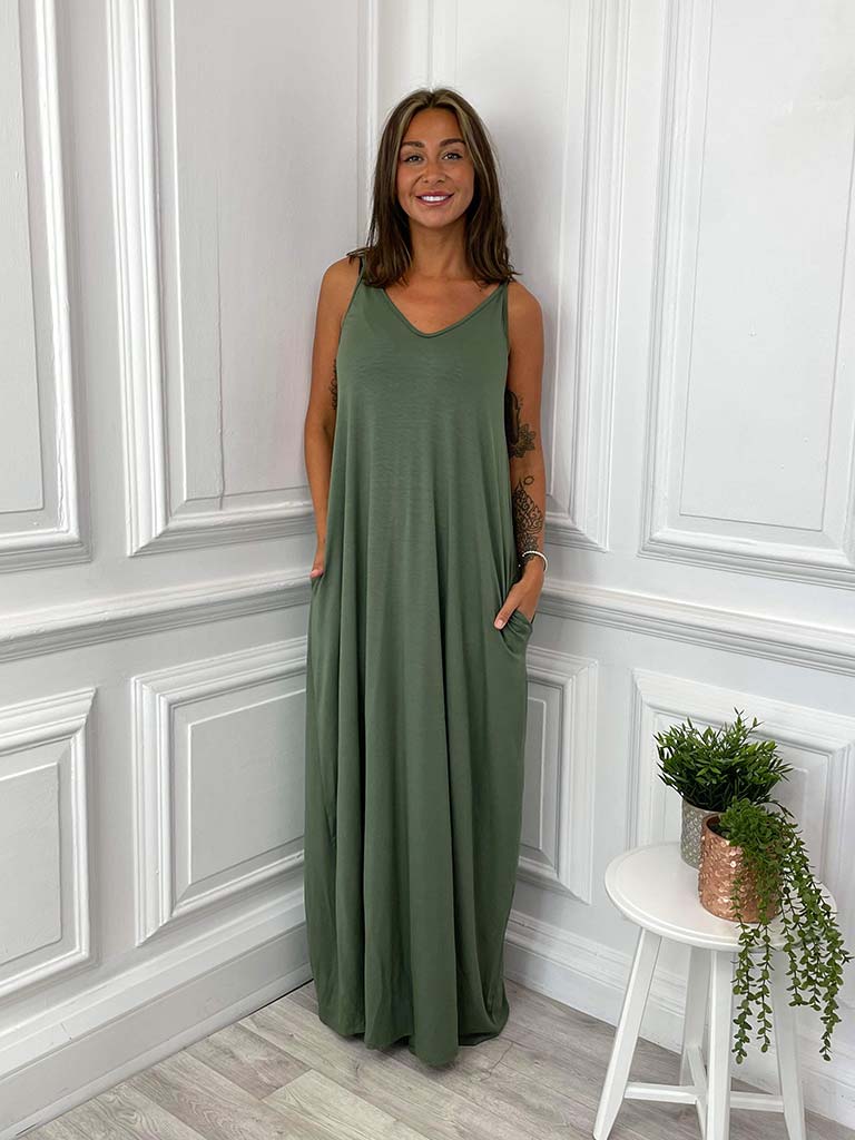 Jersey Spaghetti Strap Maxi Dress - Khaki