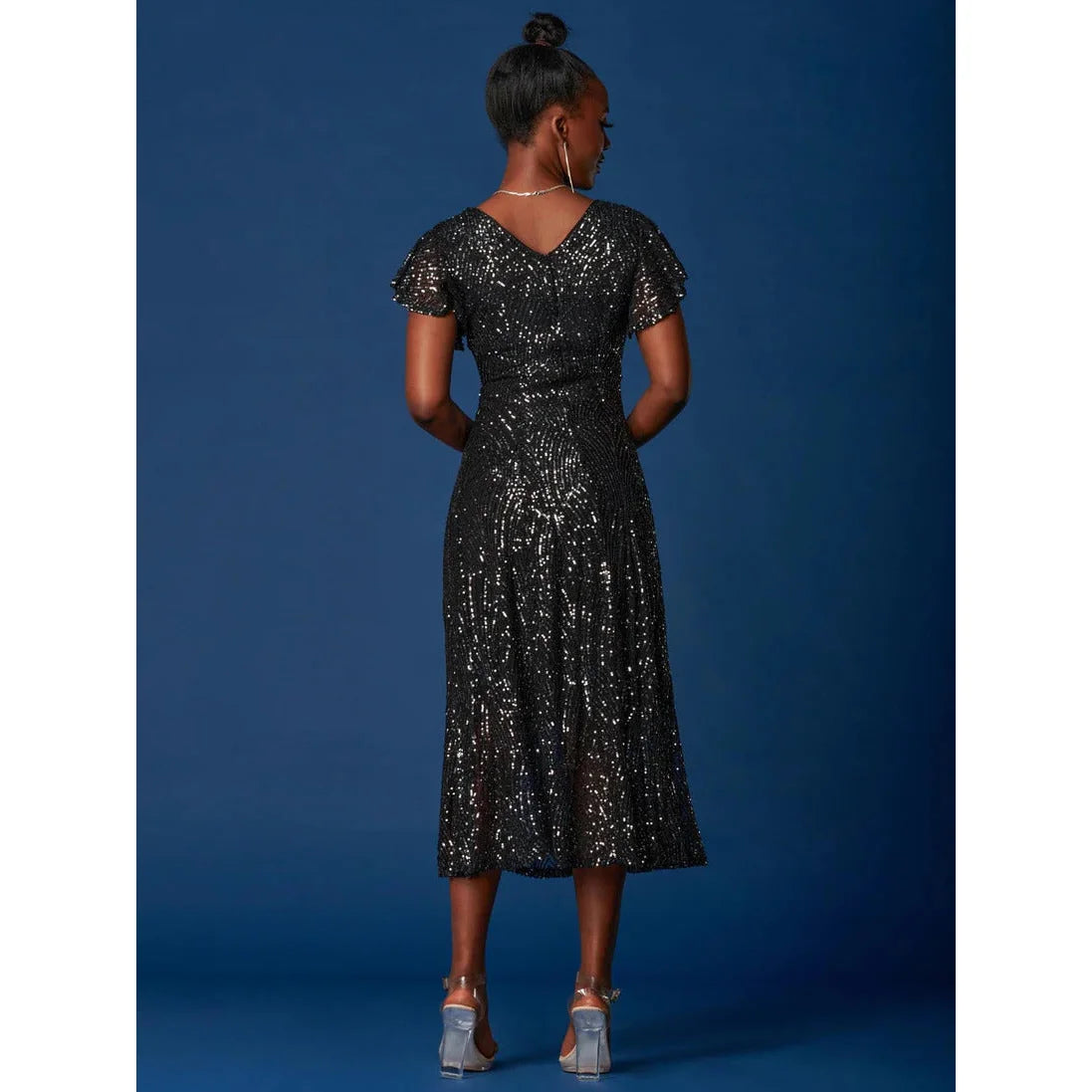 Jolie Moi Black Sequin Fit & Flare Angel Wing Sleeve Dress