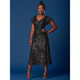 Jolie Moi Black Sequin Fit & Flare Angel Wing Sleeve Dress