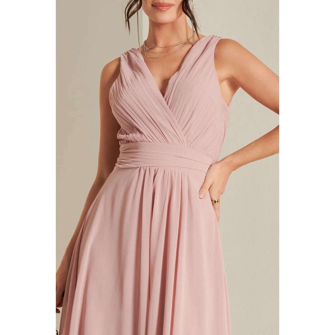 Jolie Moi Blush Pink V-Neck Pleated Bodice Maxi Dress