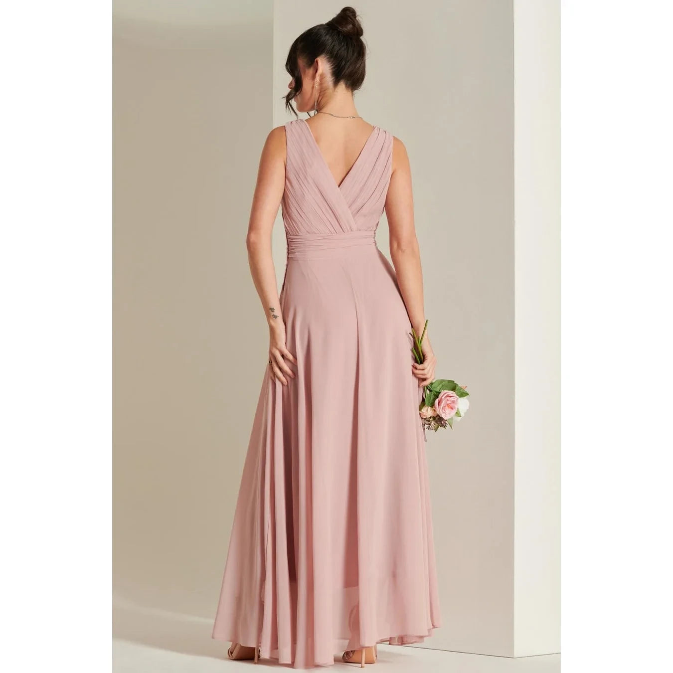 Jolie Moi Blush Pink V-Neck Pleated Bodice Maxi Dress