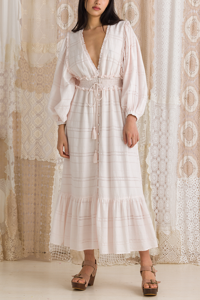 Ladder Lace Balloon Sleeve Midi - Pink Marshmallow