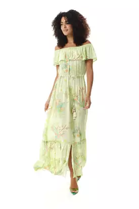 Liquorish Floral And Bird Print Off Shoulder Maxi Dress