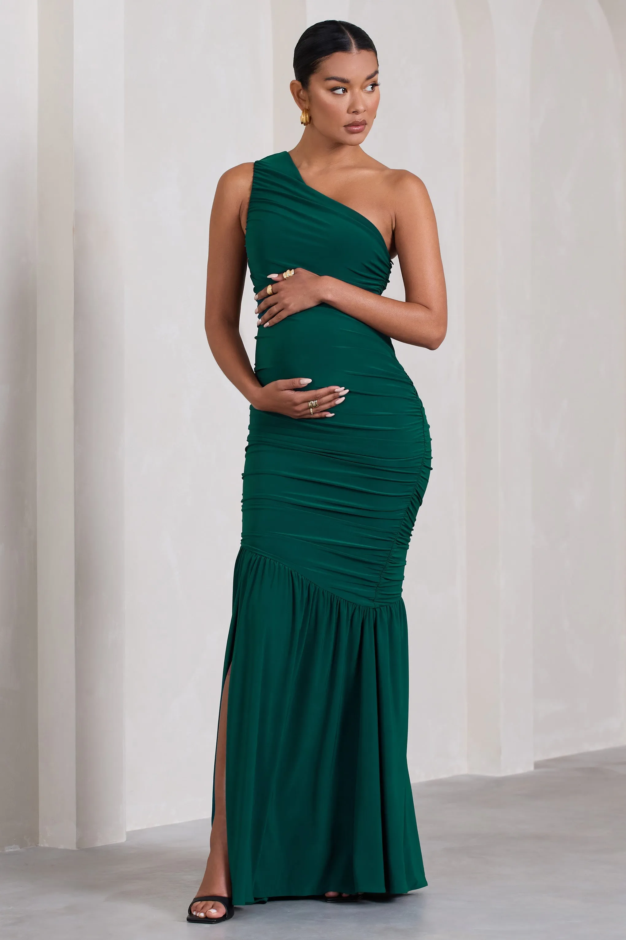 Make My Day | Bottle Green One-Shoulder Ruched Split Maternity Maxi Dress